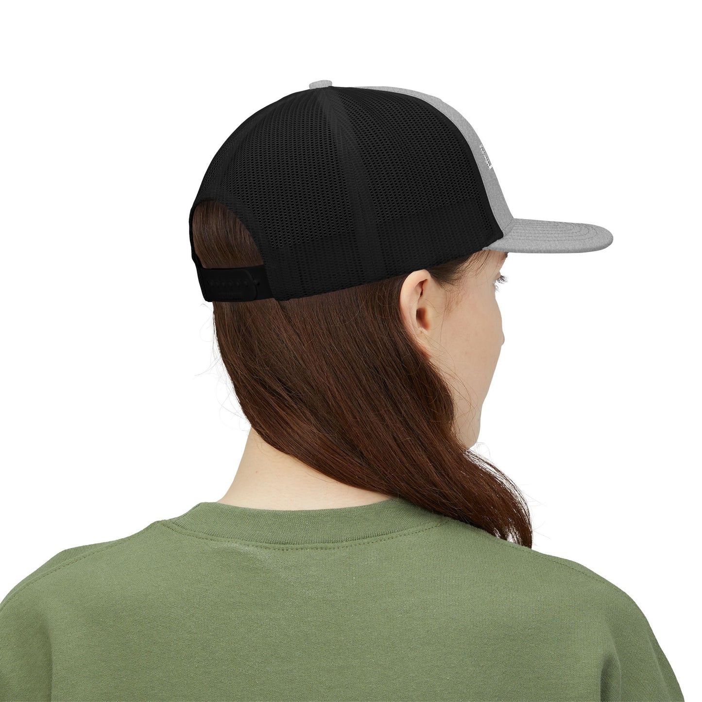 Person wearing a black and gray cap from the back on a white background