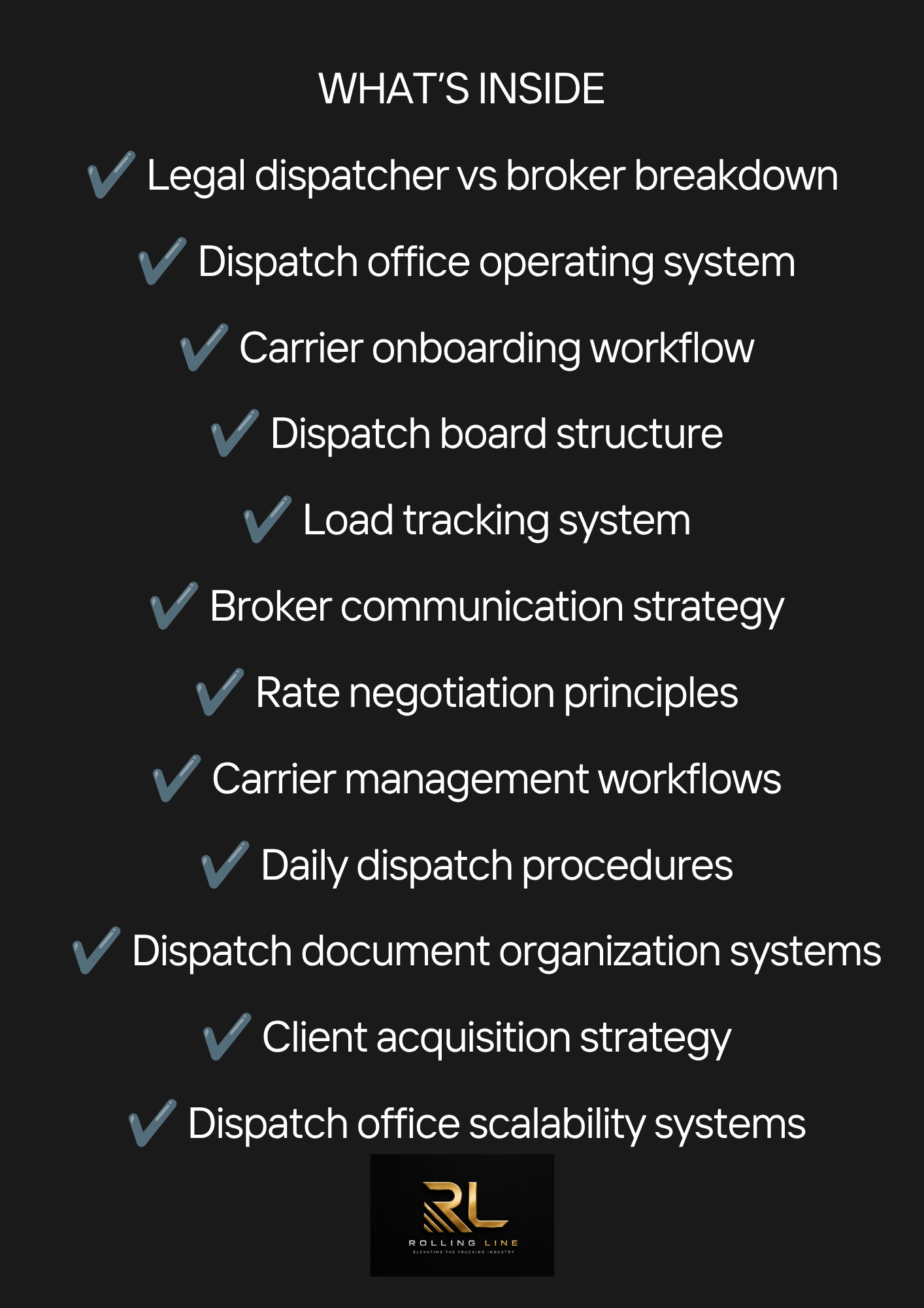 List of topics related to dispatch operations on a black background with RL logo.