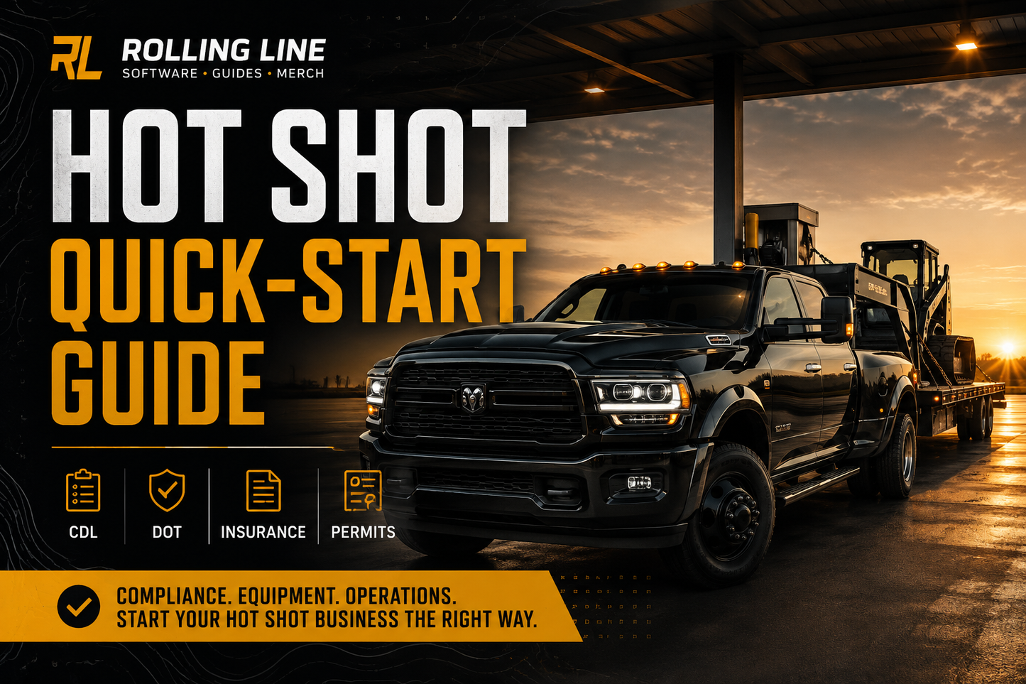 Black truck on a road with sunset background and 'Rolling Line' branding.