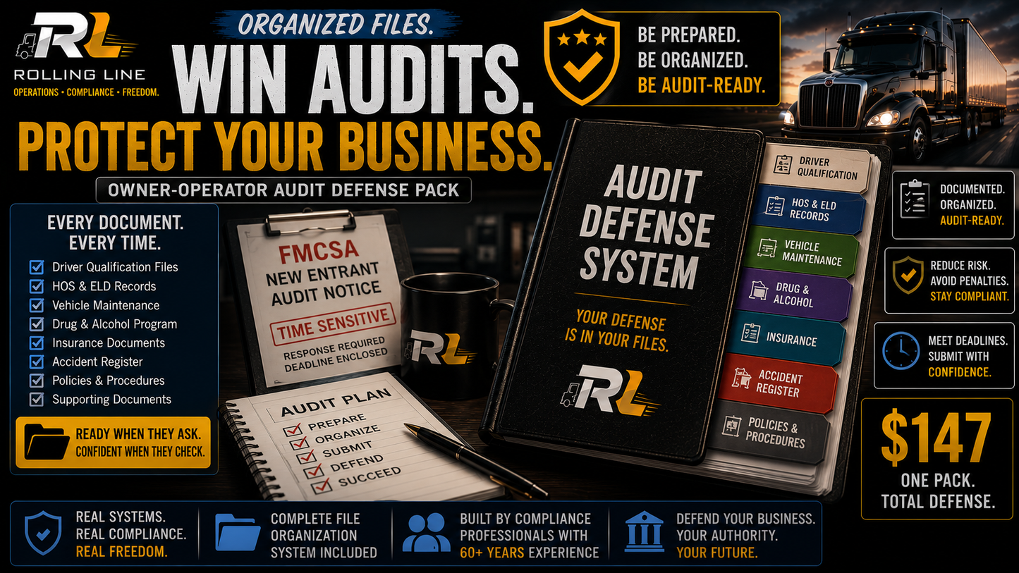 Advertisement for Rolling Line audit defense system with documents and truck in the background