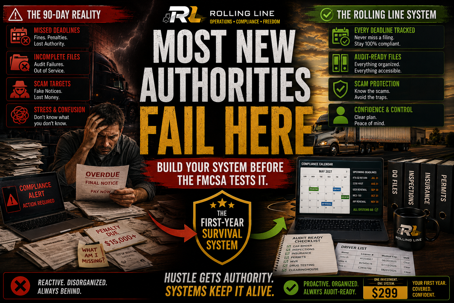 Promotional graphic for a system building solution with text and images of a stressed person at a desk.