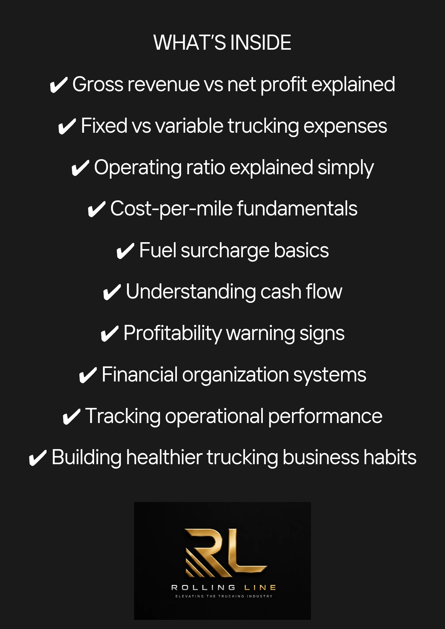 List of financial and operational topics with a Rolling Line logo on a black background