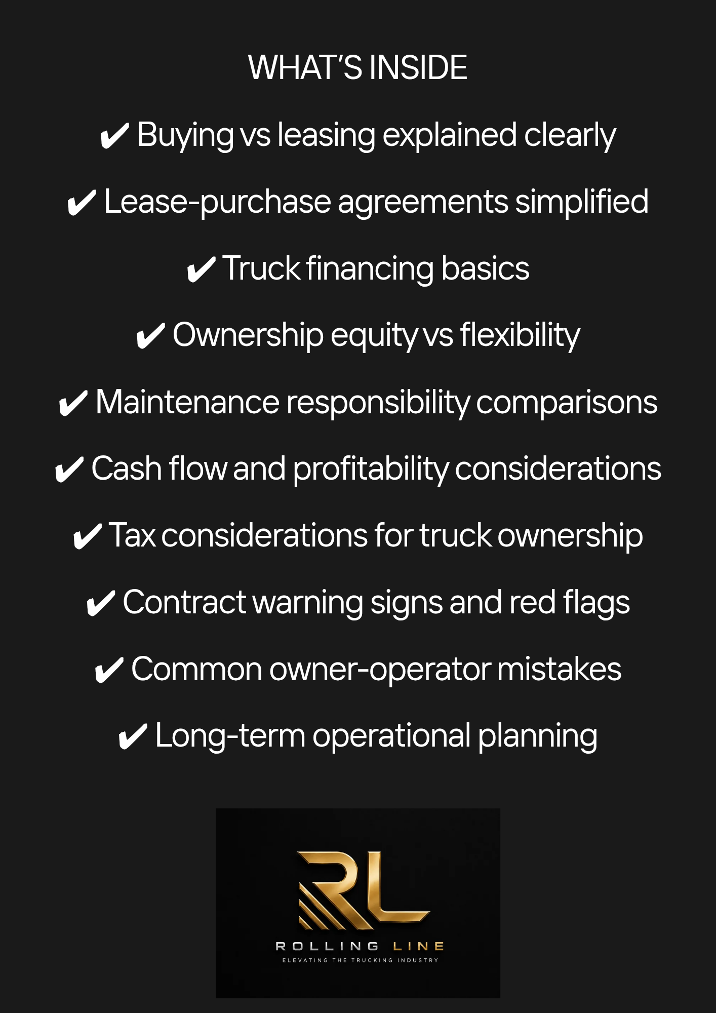 List of topics related to truck ownership and financing on a black background with Rolling Line logo.