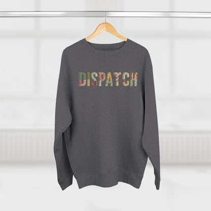 Gray sweatshirt with 'Dispatch' printed on it, hanging on a wooden hanger against a white background.