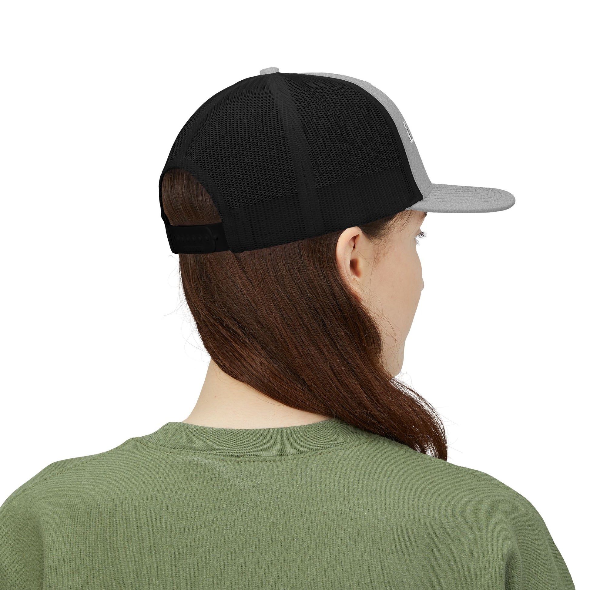 Person wearing a black and gray cap from the back on a white background