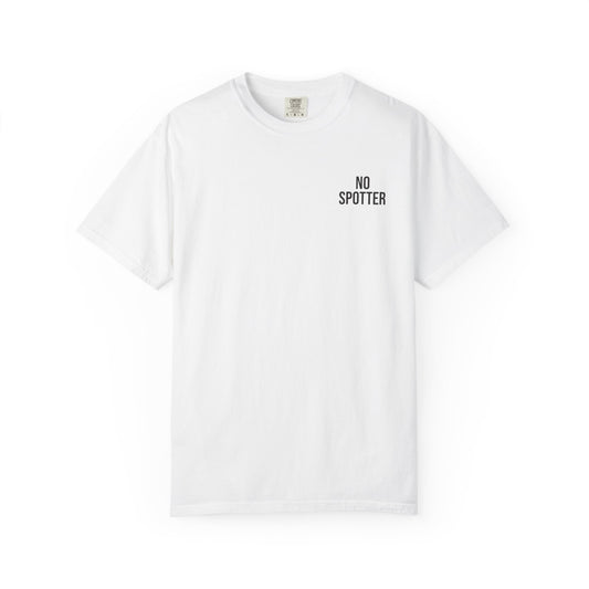 White t-shirt with a black logo on a white background