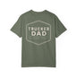 green t-shirt with a beige trucker dad design on the back against a white background and dad on the front