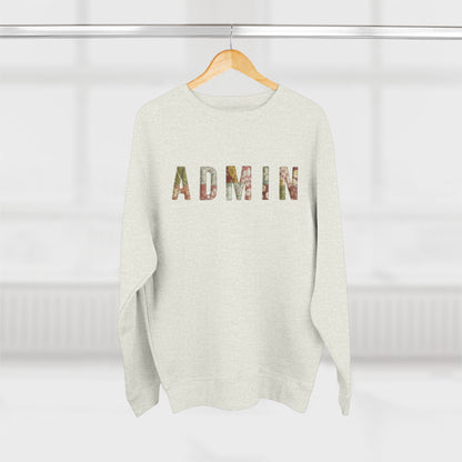 White sweater with 'ADMIN' printed on it hanging on a wooden hanger against a white background
