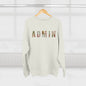 White sweater with 'ADMIN' printed on it hanging on a wooden hanger against a white background