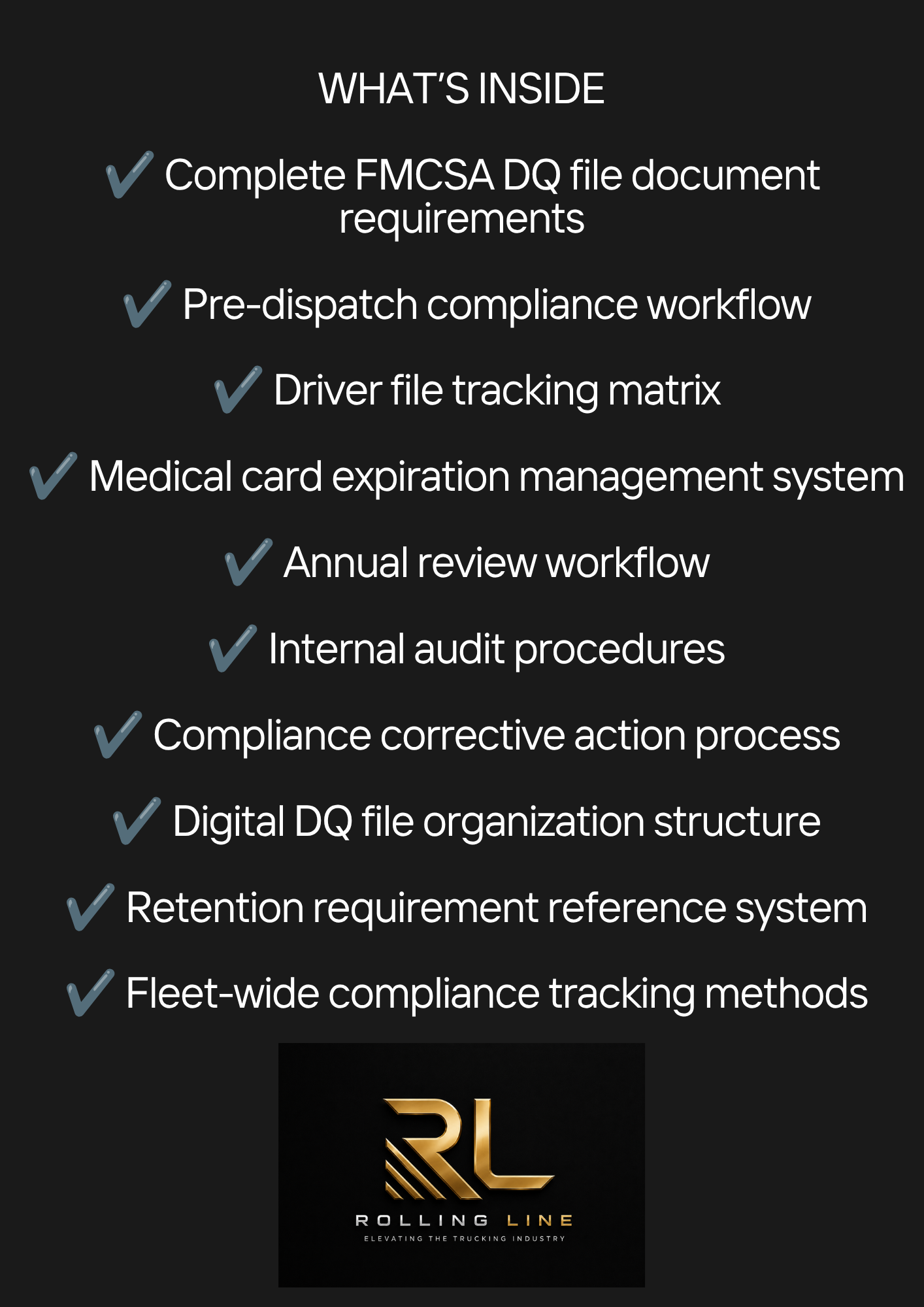 List of compliance features with Rolling Line logo on a black background