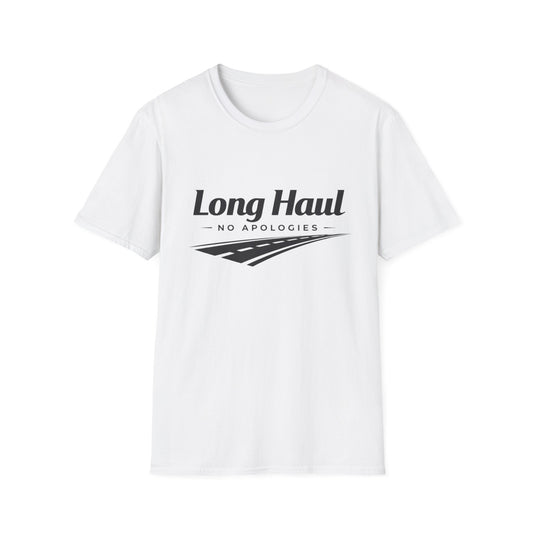 White t-shirt with 'Long Haul No Apologies' text on a white background
