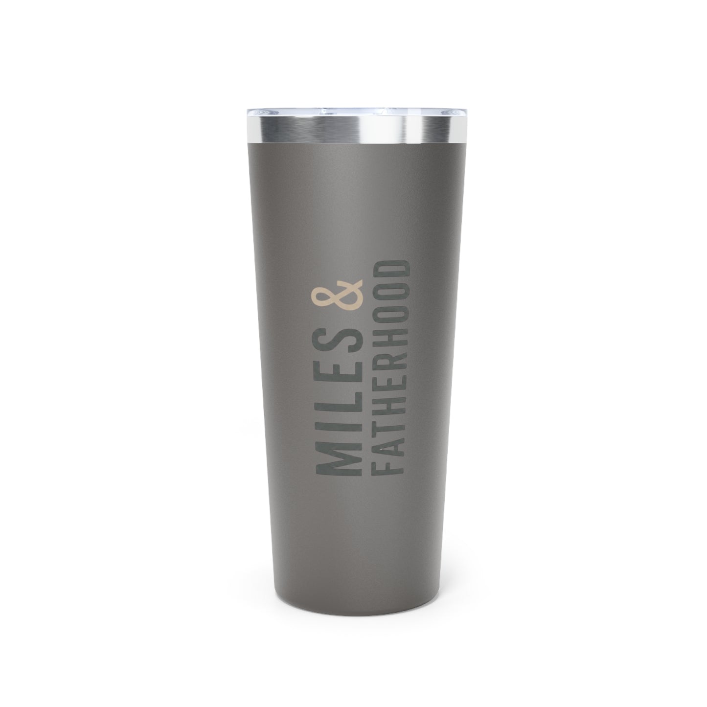 Gray tumbler with 'MILES & FATHERHOOD' text on a white background
