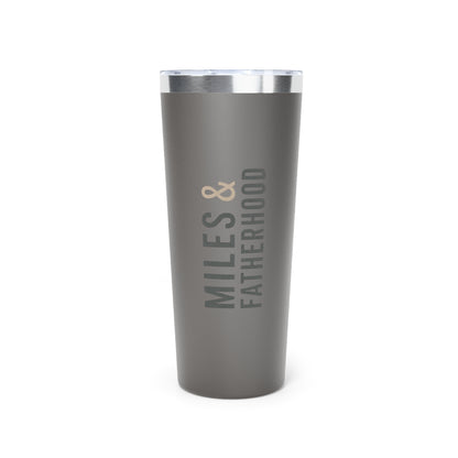 Gray tumbler with 'MILES & FATHERHOOD' text on a white background