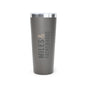 Gray tumbler with 'MILES & FATHERHOOD' text on a white background