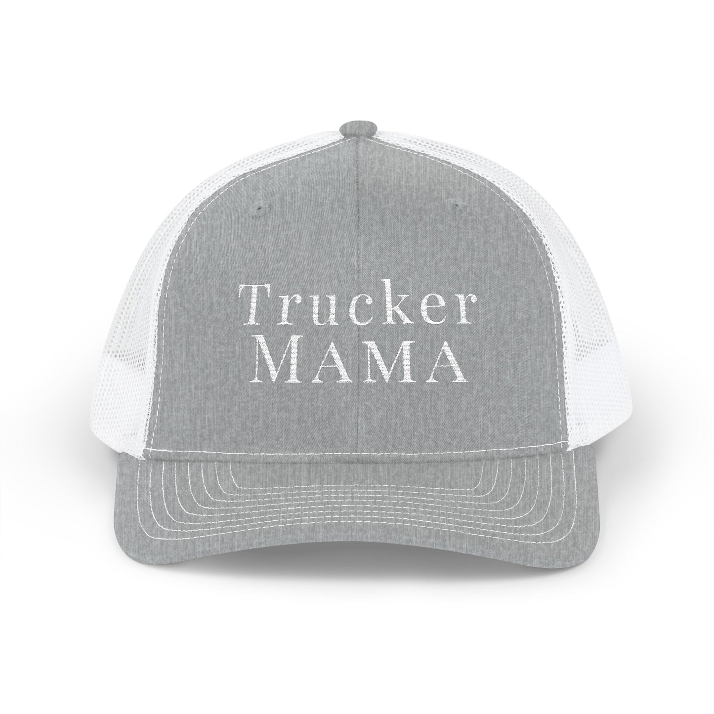 Gray and white cap with 'TRUCKER MAMA' text on a white background