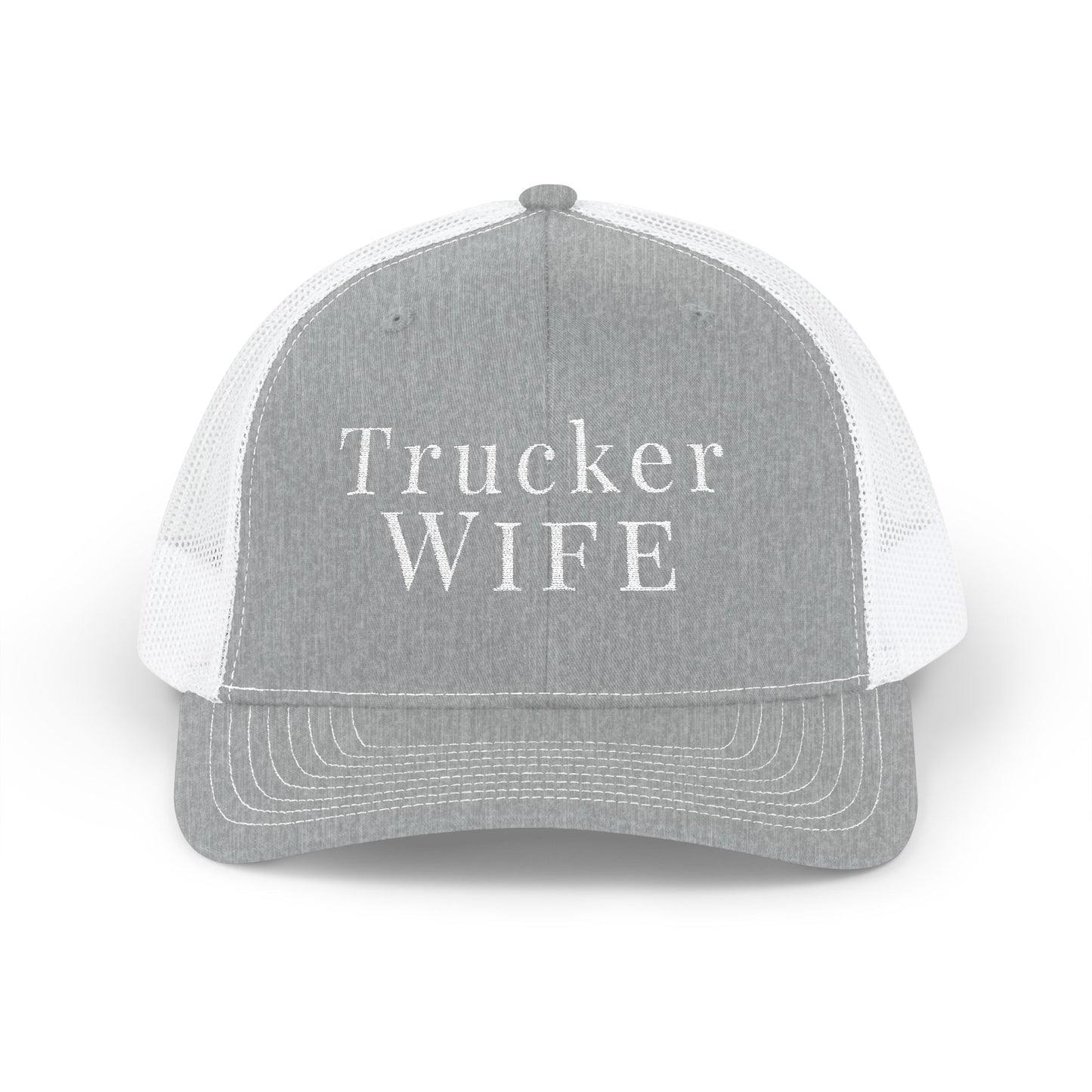Grey and white trucker hat with 'Trucker Wife' text on a white background