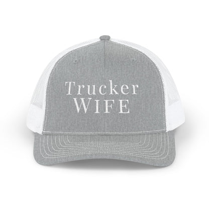 Grey and white trucker hat with 'Trucker Wife' text on a white background