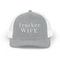Grey and white trucker hat with 'Trucker Wife' text on a white background