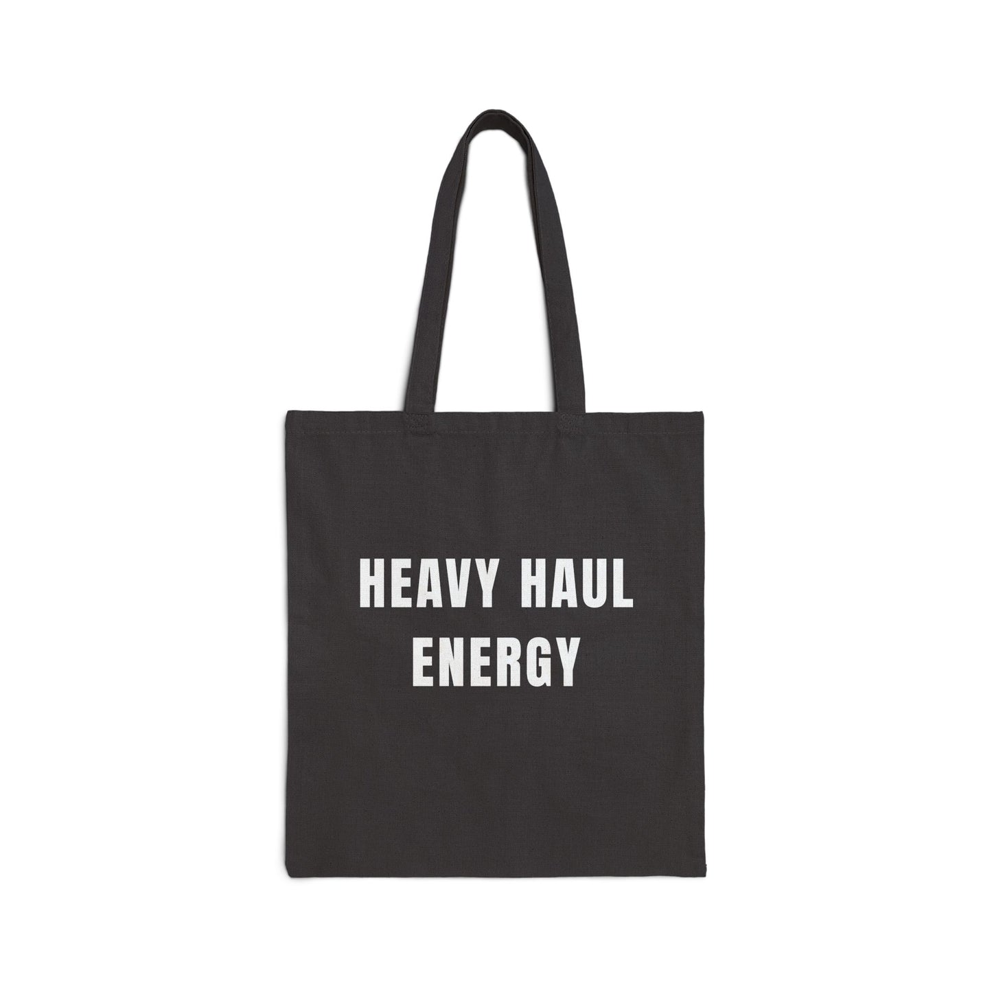 Black tote bag with 'HEAVY HAUL ENERGY' text on a white background