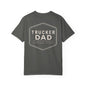 gray t-shirt with a beige trucker dad design on the back against a white background and dad on the front