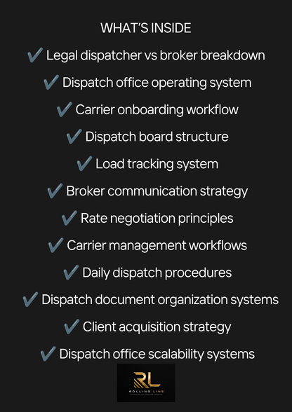 List of topics related to dispatch operations on a black background with RL logo.