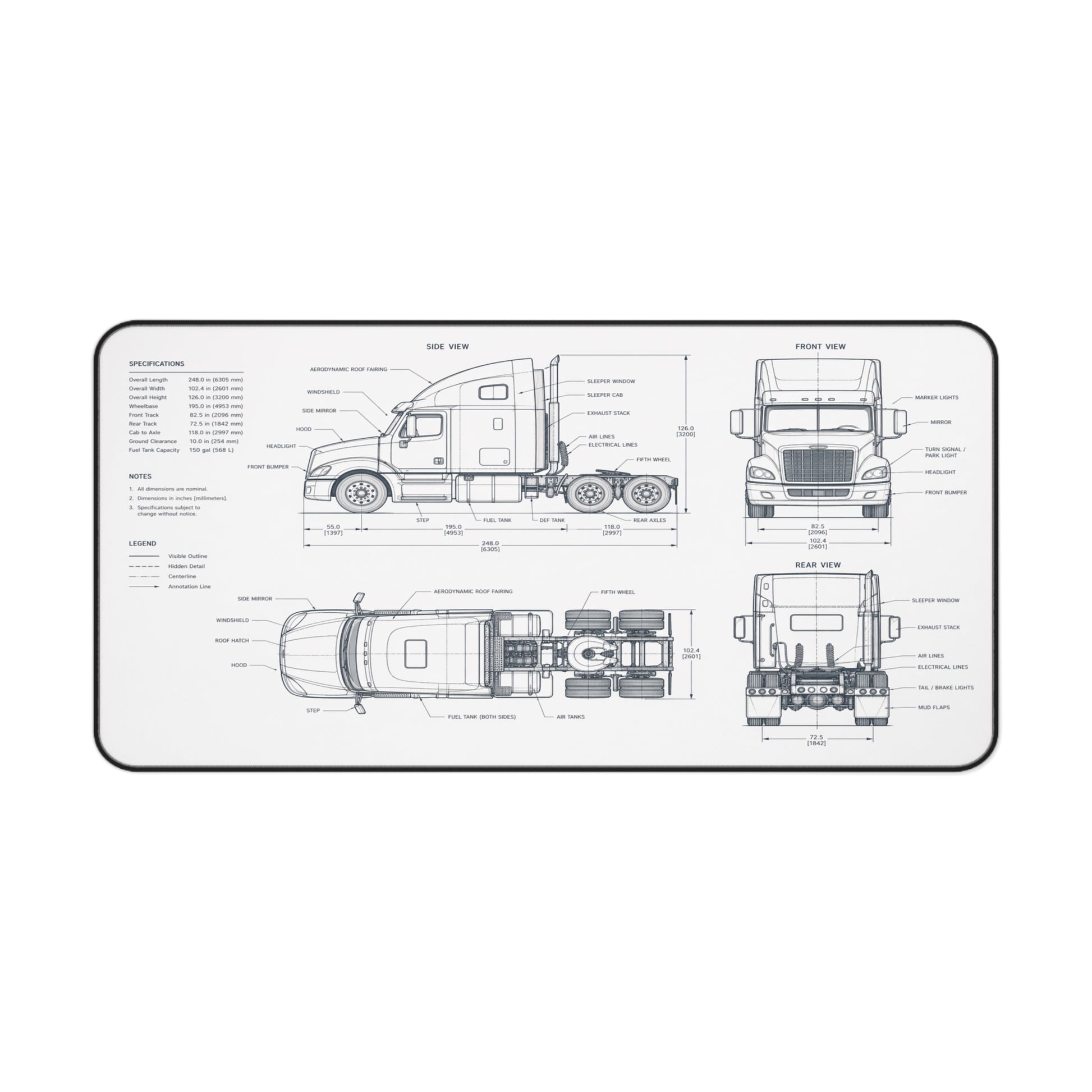 Blueprint-style drawing of a truck on a white background