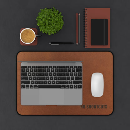 Laptop on a brown desk mat with a cup, plant, and office supplies on a dark surface