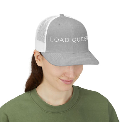 Person wearing a gray and white cap with text on a white background