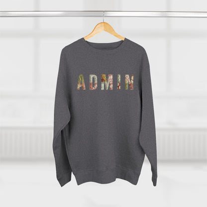 Gray sweatshirt with 'Admin' printed on it, hanging on a wooden hanger against a white background.
