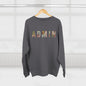 Gray sweatshirt with 'Admin' printed on it, hanging on a wooden hanger against a white background.