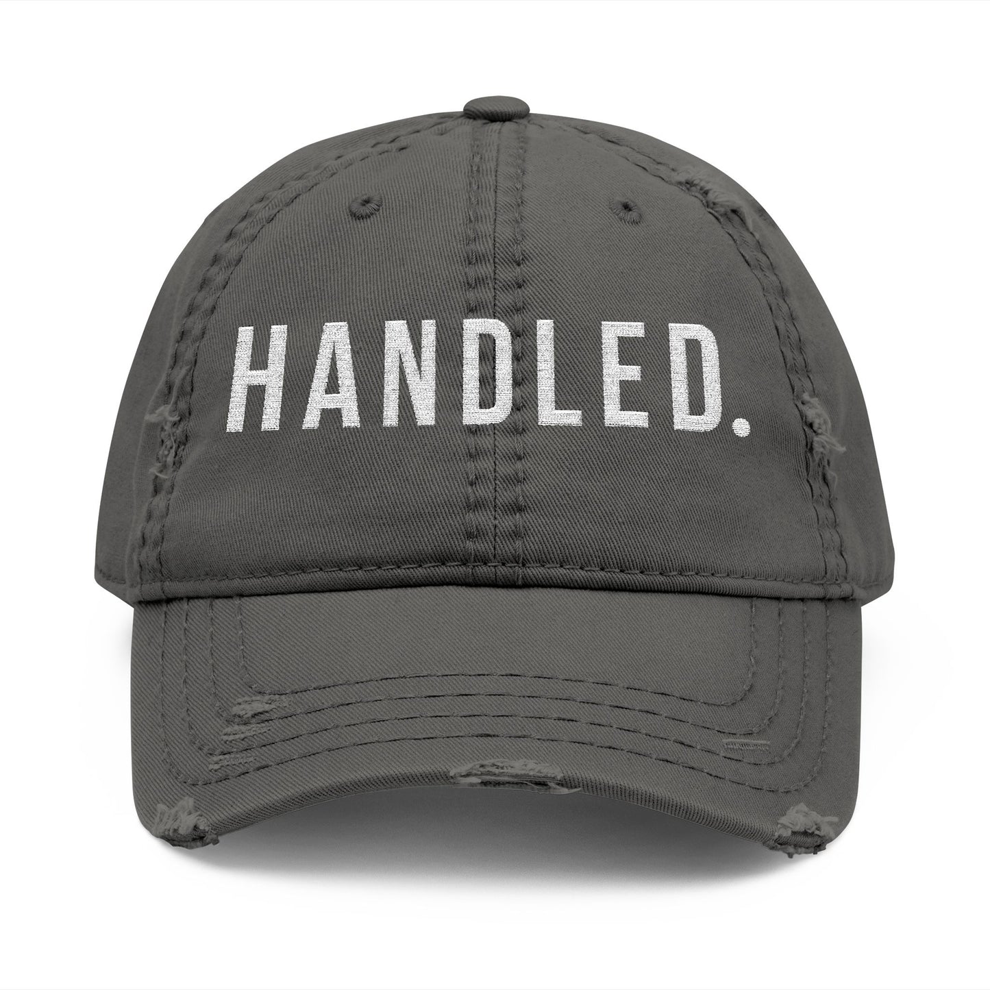 Gray cap with 'HANDLED.' text on a white background