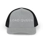 Gray and black trucker hat with a fishing-themed design and text on a white background