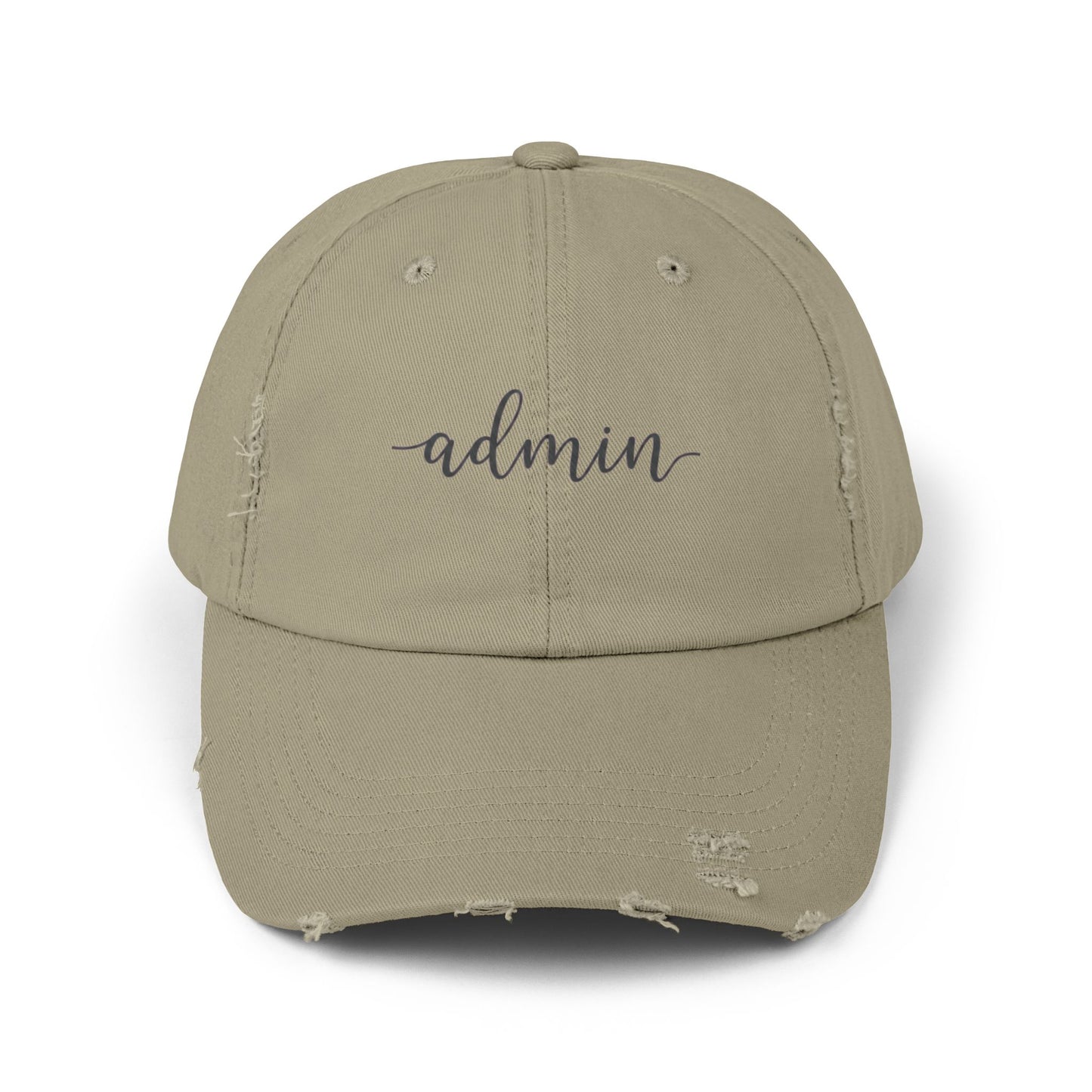 Khaki cap with 'admin' text on a white background