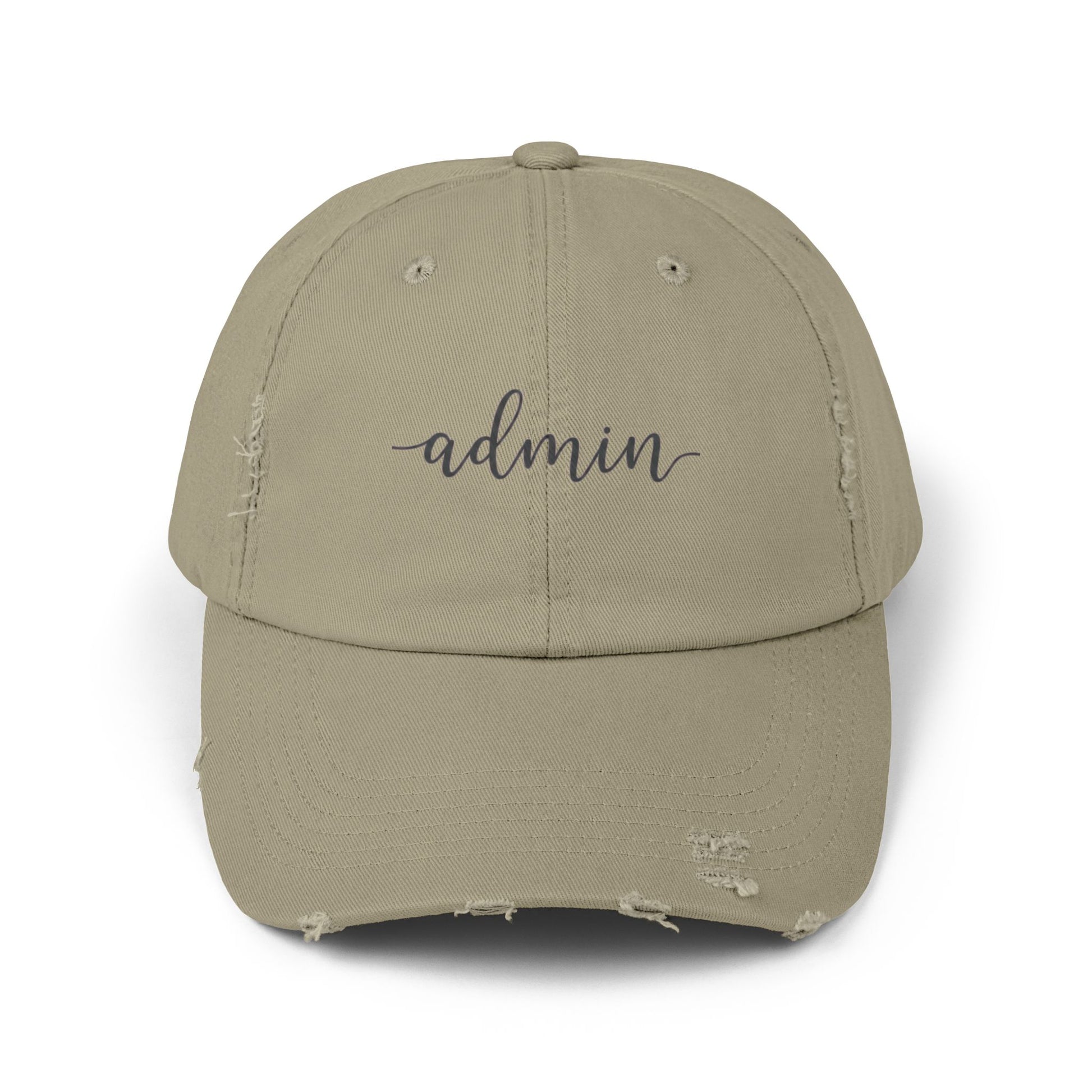 Khaki cap with 'admin' text on a white background