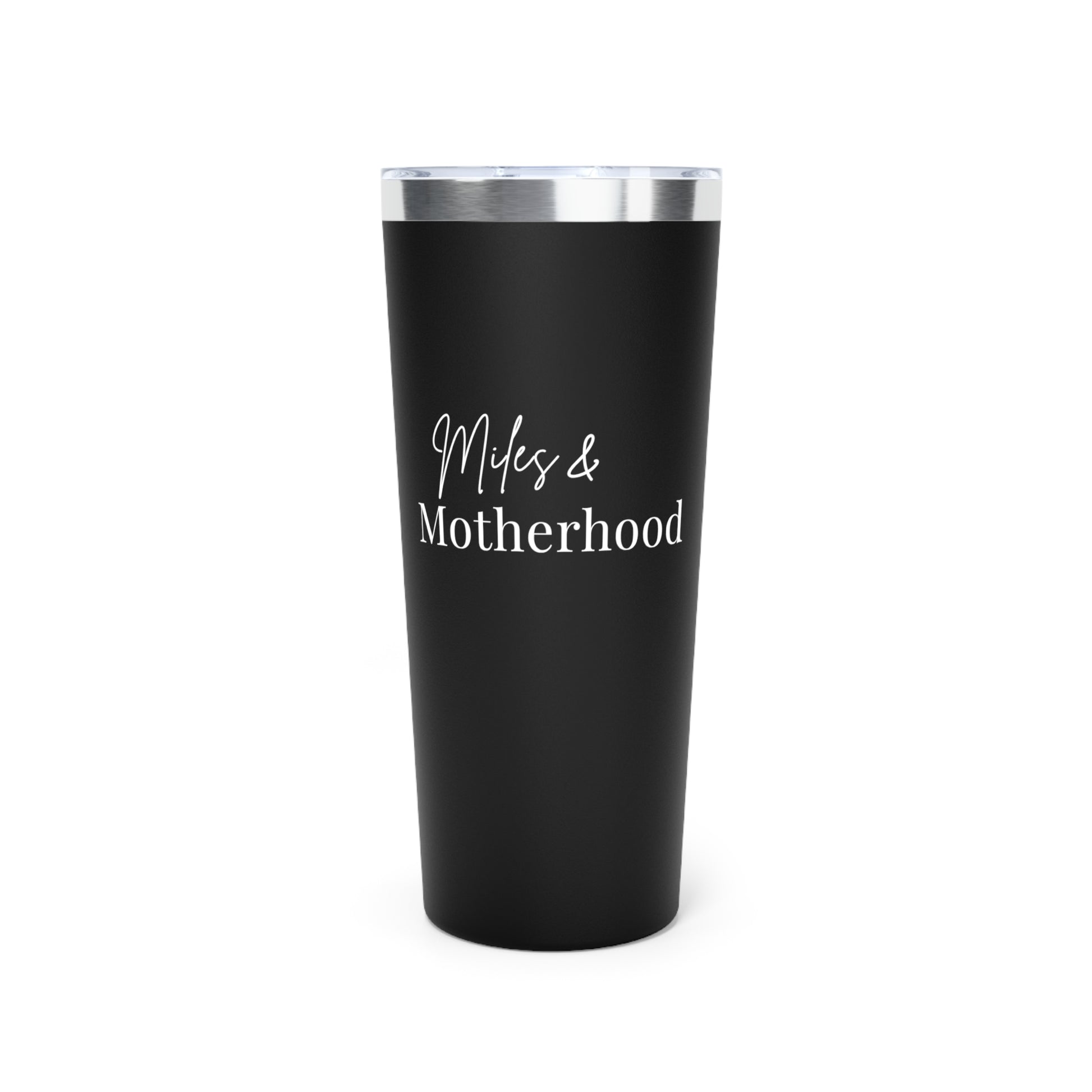 Black tumbler with 'Miles & Motherhood' text on a white background