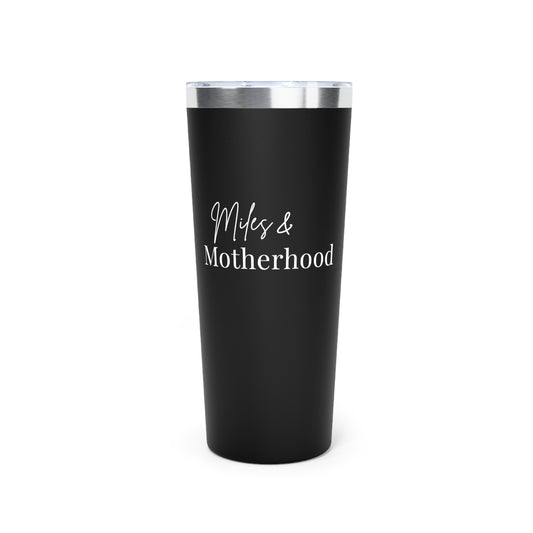 Black tumbler with 'Miles & Motherhood' text on a white background