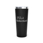 Black tumbler with 'Miles & Motherhood' text on a white background