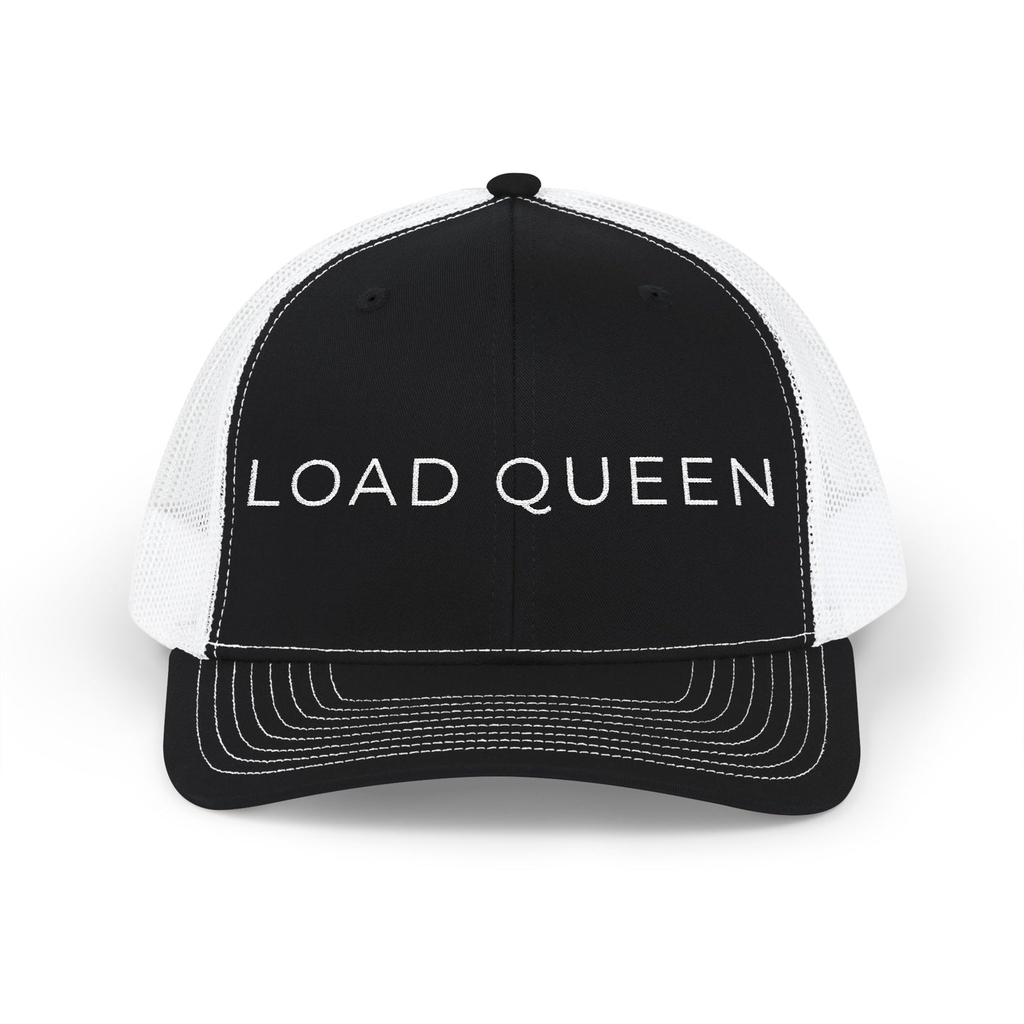 Black and white cap with 'LOAD QUEEN' text on a white background