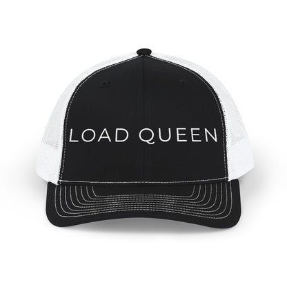 Black and white cap with 'LOAD QUEEN' text on a white background