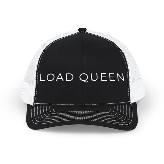 Black and white cap with 'LOAD QUEEN' text on a white background