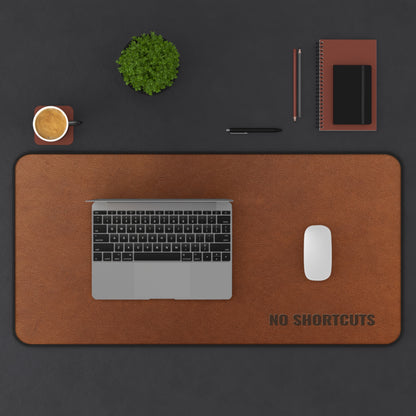 Brown desk mat with 'NO SHORTCUTS' text, laptop, mouse, notebook, pen, and plant on a black background
