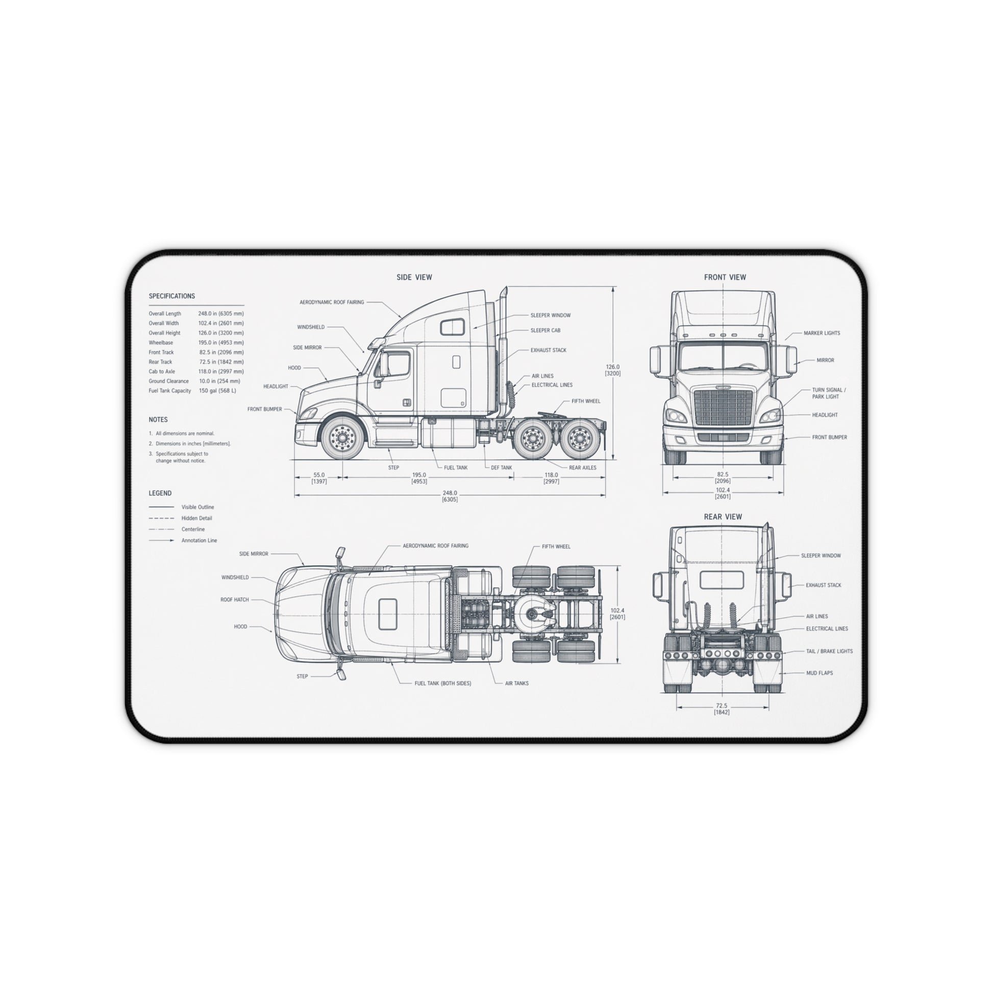 Blueprint-style diagram of a truck on a white background