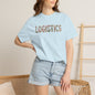 Person wearing a LIGHT BLUE t-shirt with 'LOGITICS' text and denim shorts indoors.