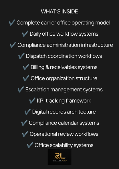 List of features inside a carrier office solution with RL logo at the bottom.