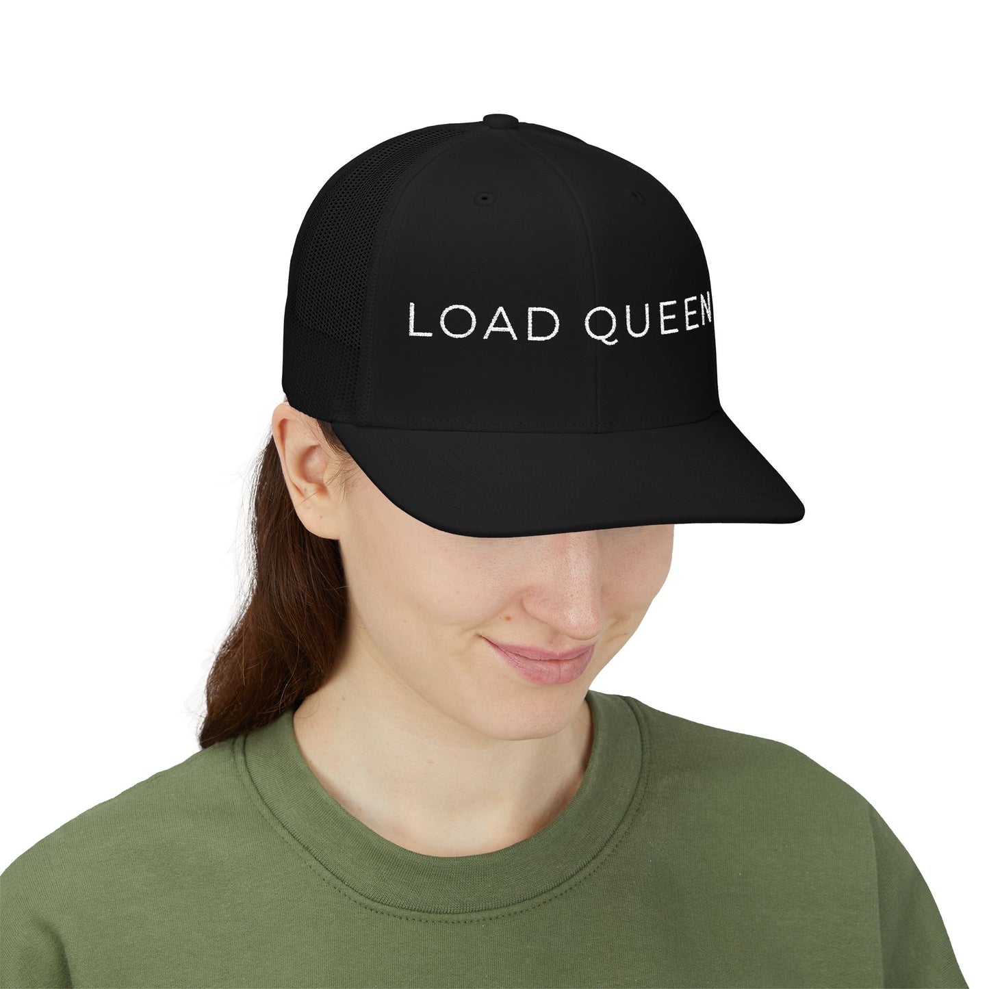 Person wearing a black cap with 'CUSTOM SWAG' text on a white background