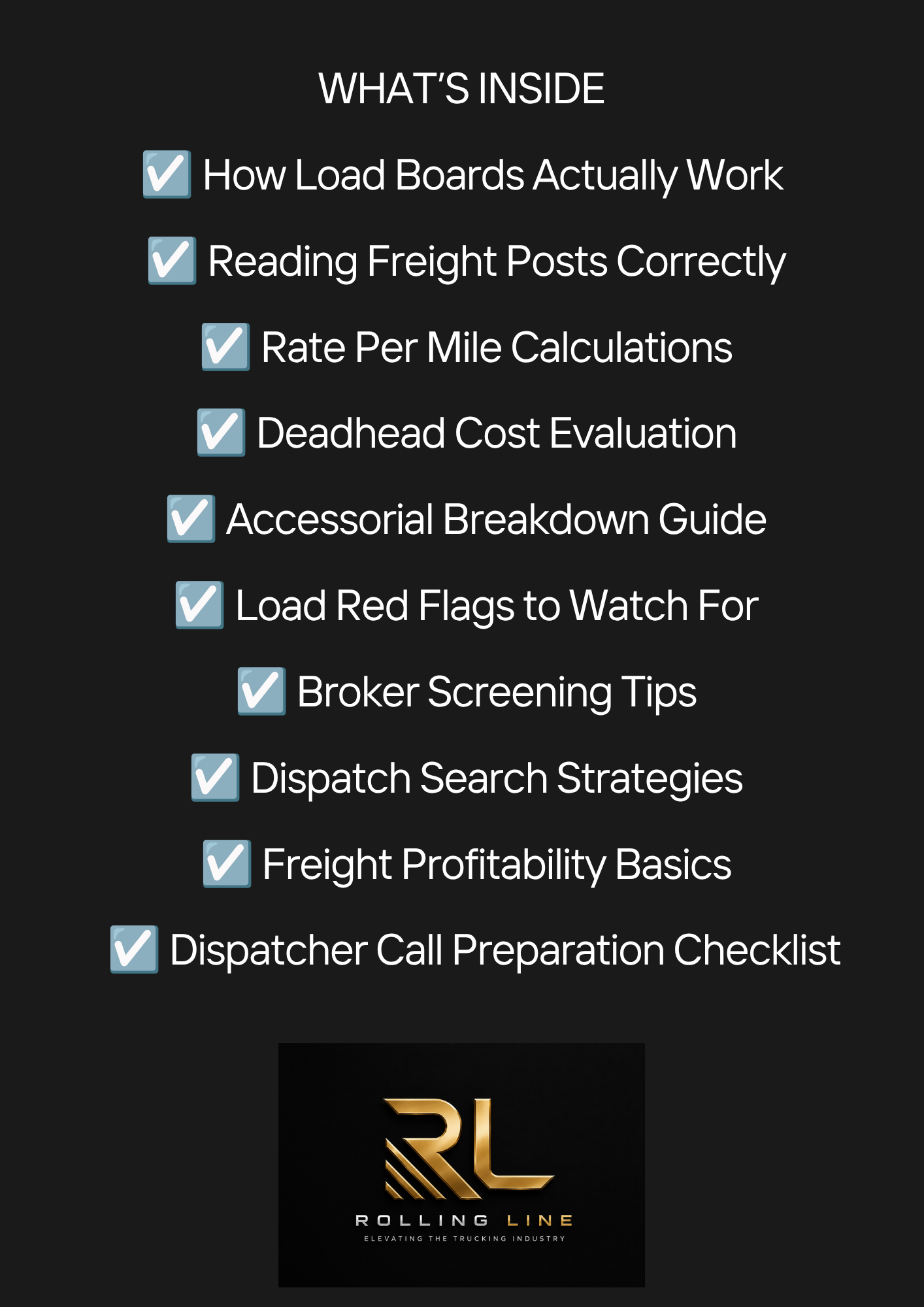 List of training topics with a logo at the bottom on a black background