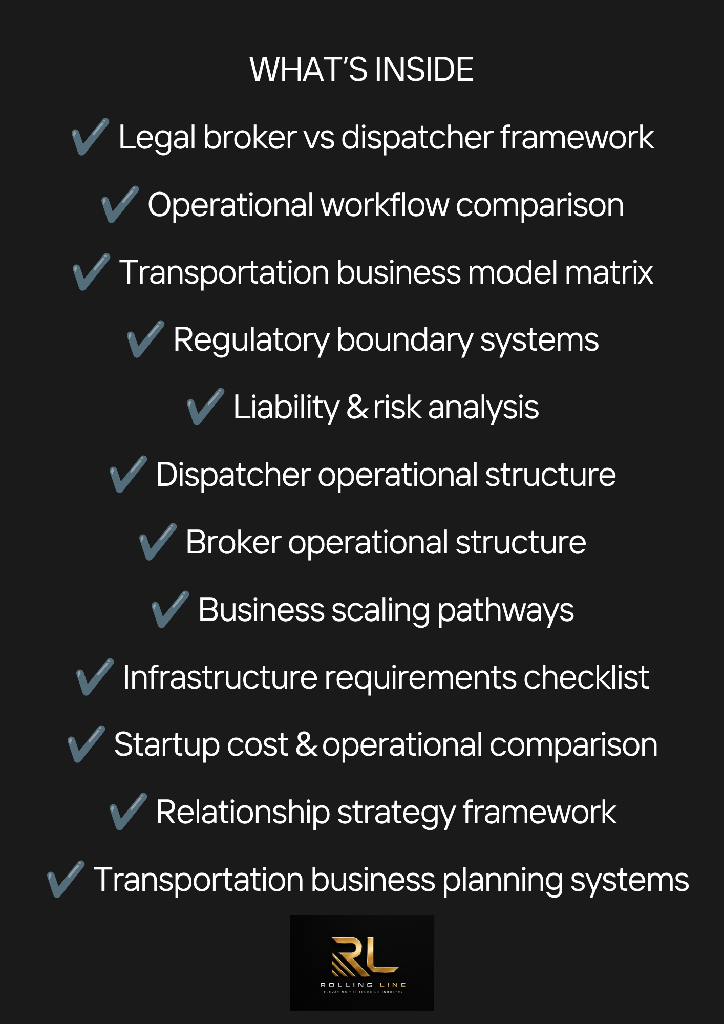 List of topics with checkmarks on a black background, featuring the RL logo.