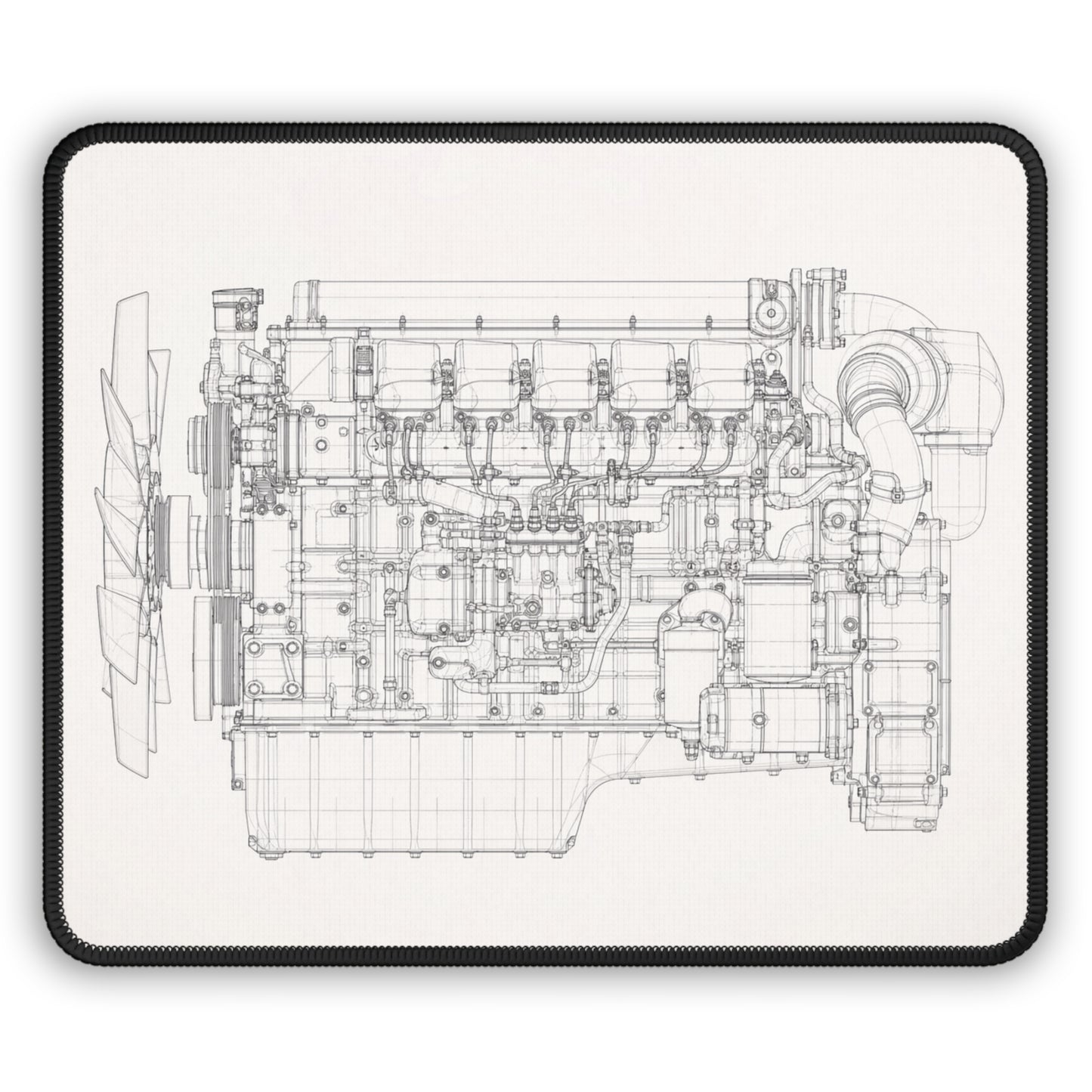 Technical drawing of a mechanical engine on a white background