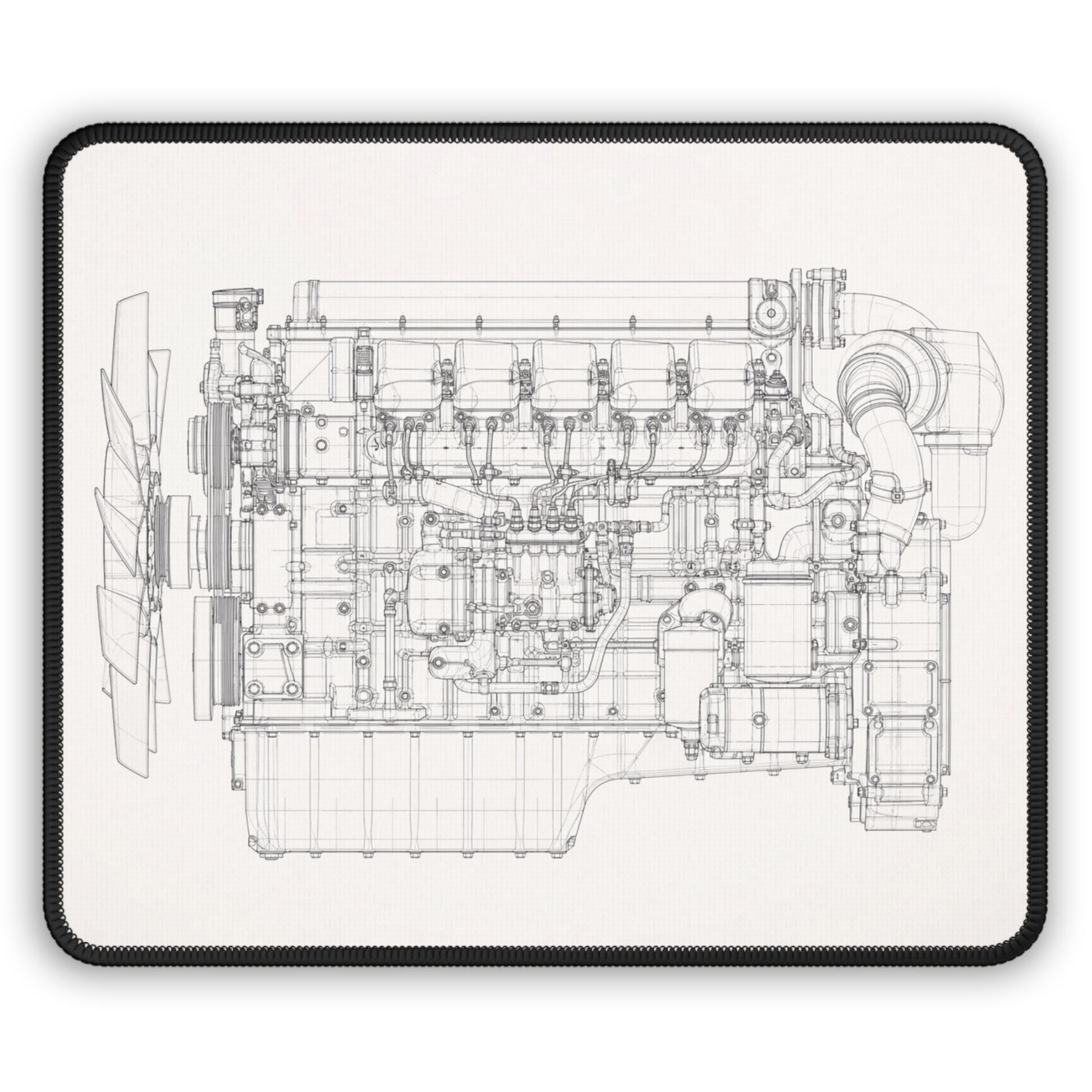 Technical drawing of a mechanical engine on a white background