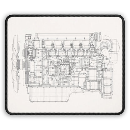 Technical drawing of a mechanical engine on a white background
